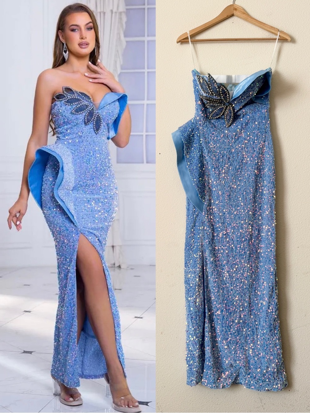 Bella Barnett XS Yaen blue sequin floral strapless midi slit hem dress